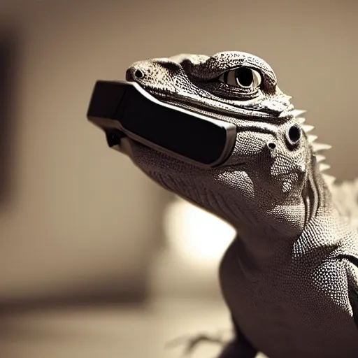 Prompt: a pet lizard wearing vr headset, light, indoor, photorealistic, monochrome, detailed