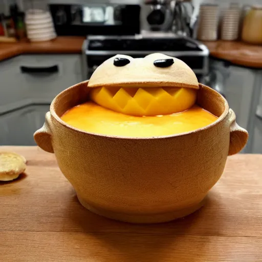 Prompt: a soup monster made out of cheese smiling back at you