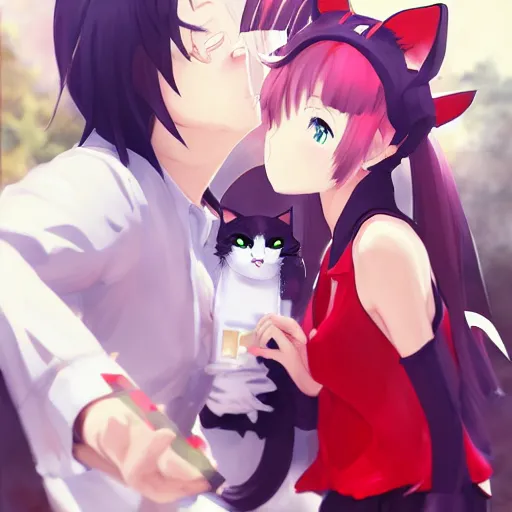 Prompt: anime woman with cat ears holding a package of sugar and a boy wearing white shirt and red tiw, digital artwork, in the style of krenz cushart