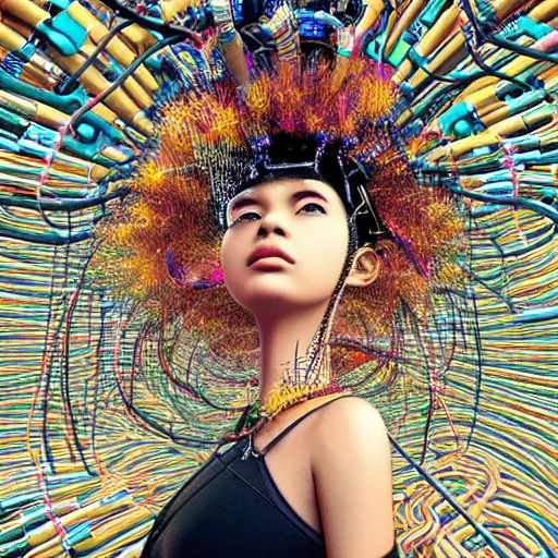 Image similar to swimming deeper into the multiverse, piles of modular synth cables mixed with mangrove roots, kawaii puerto rican goddess chilling out wearing a headpiece made of circuit boards, by cameron gray, wlop, stanley kubrick, masamune, hideki anno, jamie hewlett, unique perspective, trending on artstation, 3 d render, vivid