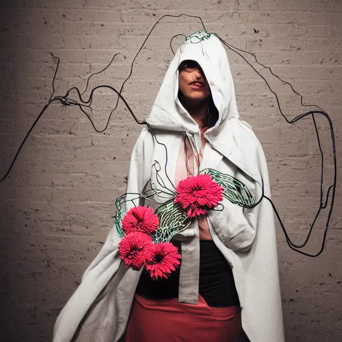 Prompt: a woman wearing a hood made of wire and zinnias, in an abandoned office building, canon eos c 3 0 0, ƒ 1. 8, 3 5 mm, 8 k, medium - format print