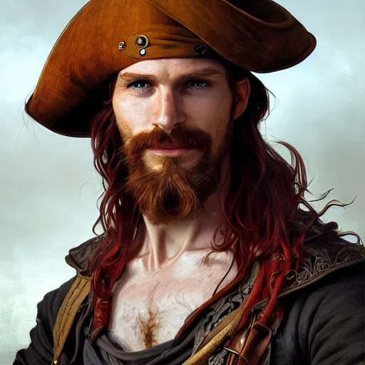 Image similar to portrait of a young ruggedly handsome but joyful pirate, male, masculine, upper body, red hair, long hair, d & d, fantasy, roguish smirk, intricate, elegant, highly detailed, digital painting, artstation, concept art, matte, sharp focus, illustration, art by artgerm and greg rutkowski and alphonse mucha