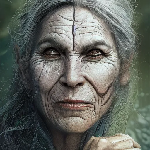 Image similar to fantasy portrait of an energetic old woman with silky, cloudy grey hair, black scars on her face, swamp vegetation in the background, nocturnal palette, art by greg rutowski, raphael lacoste, eddie mendoza, artgerm, trending on artstation