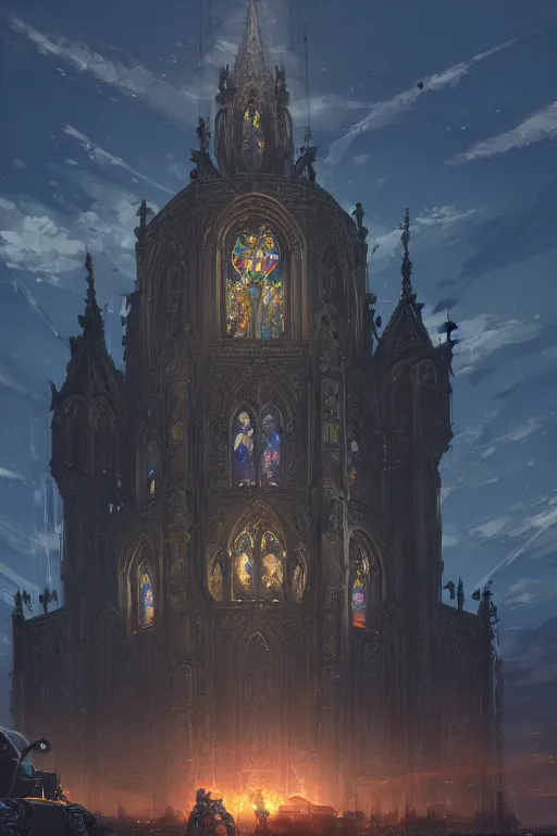 Image similar to a mobile driving ornate cathedral church as tower mounted on a tank with chain drive, warhammer 4 0, scene in an open field. key visual, conceptart, ambient lighting, highly detailed, digital painting, artstation, concept art, sharp focus, by makoto shinkai and akihiko yoshida and kris kuksi