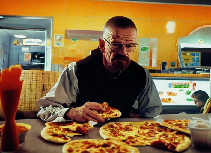 Image similar to portrait of walter white eating pizza at chuck - e - cheese with sloppy cheesy sauce getting slopped up all over the place, dramatic lighting, moody film still from breaking bad ( 2 0 1 1 ), 3 5 mm kodak color stock, 2 4 mm lens, directed by rian johnson, ecktochrome