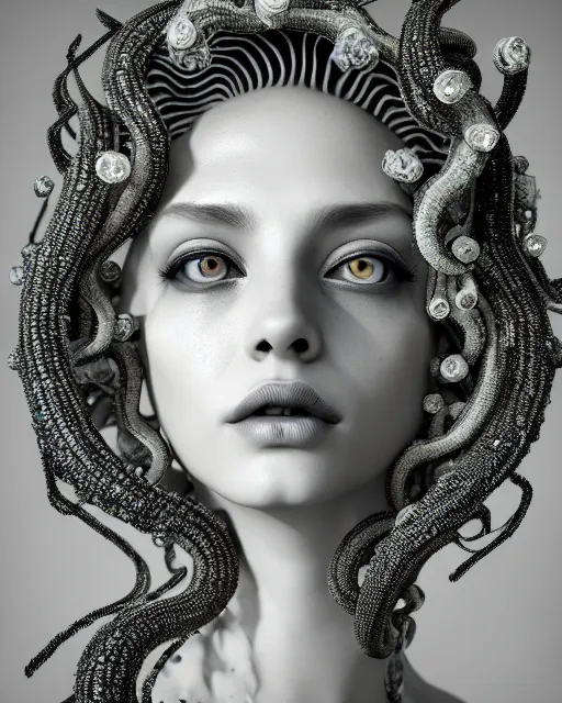 Image similar to surreal mythical dreamy artistic black and white fine art photo of a beautiful young female medusa - cyborg covered with fish scales and algae, highly detailed, intricate crystal ivy jelly fish scales ornate, poetic, octane render, 8 k, photo - realistic