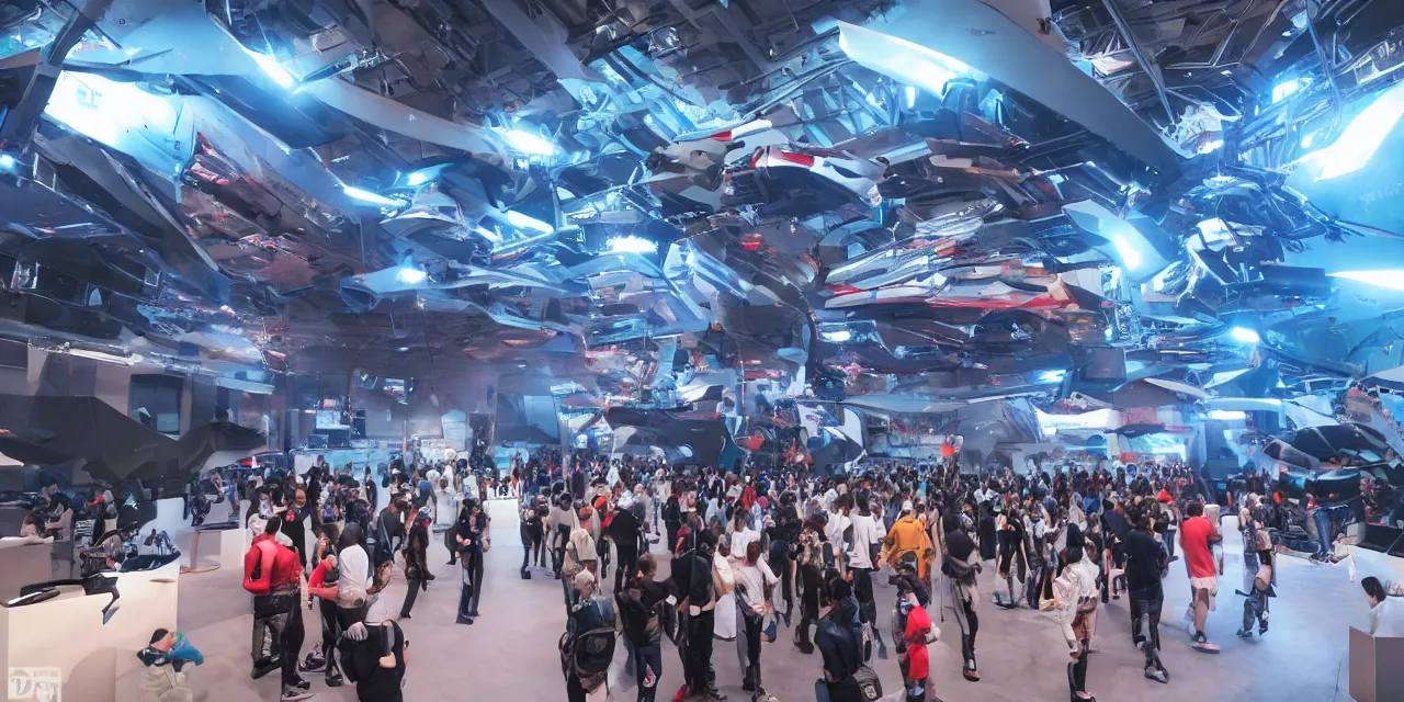 Image similar to cyberpunk exhibition full of hundreds of different hovercars, crowd watching and walking around exhibition site, enthusiastic spectators watching the race of flying vehicles in background, in the year 3 0 0 0, very high details, volumetric fog, raytracing, back light, raymarching, by ilm, by digital domain, by weta digital