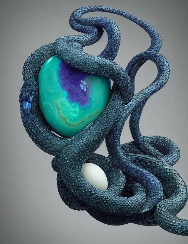 Prompt: a photo of a sculpture of a snake made from blue and emerald and amethyst crystal geode formations encircling a marble egg on a base of obsidian made with liquid gold tendrils flowing by ellen jewett by stanisław szukalski, octane render, recursive, tendrils, elestial crystals, geode, refracted light