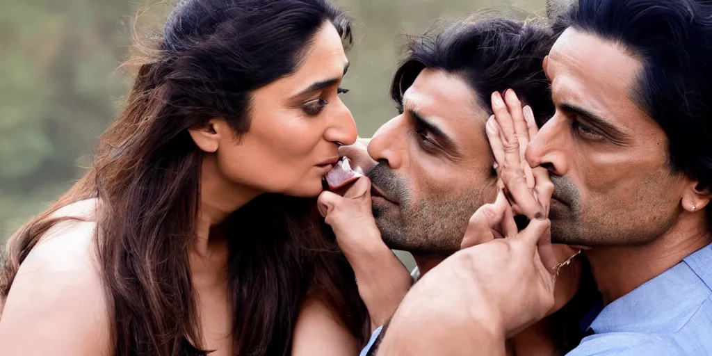 Prompt: closeup of kareena kapoor and arjun rampal kissing, natural lighting, hyper detailed, 1 0 0 mm, photographic, cinematic lighting, studio quality.