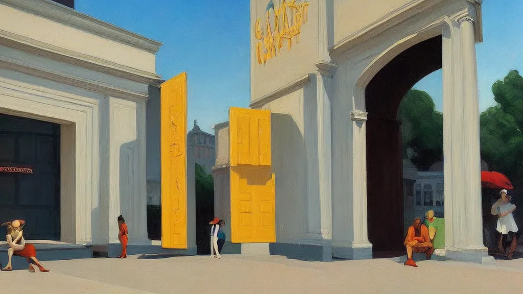 Prompt: Street art. paralyzed by the indescribable beauty of the cosmos. facade of the entrance to the art gallery exhibition. art style by Edward Hopper daring, incredible