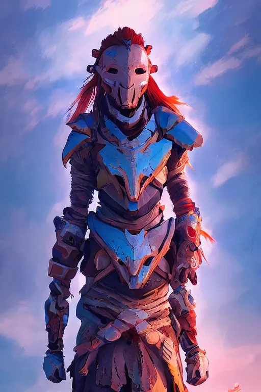 Image similar to combination suit armor aloy horizon forbidden west horizon zero dawn radiating a glowing aura global illumination ray tracing hdr fanart arstation by ian pesty and alena aenami artworks in 4 k tribal robot ninja mask helmet backpack