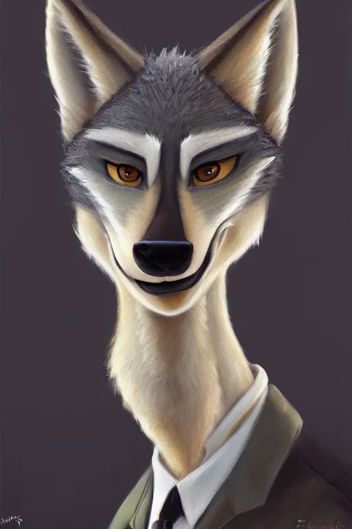 Image similar to oil painting of anthromorphic female wolf, in style of zootopia, female fursona, furry, furaffinity, 4 k, deviantart, furry art, fursona art, wearing black business suit, business suit, wolf fursona, female, very expressive detailed feminine face,