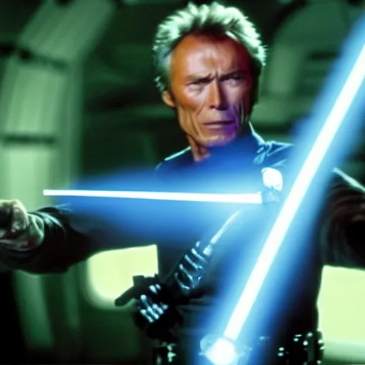 Image similar to clint eastwood holding blue lightsaber in star wars episode 3, 8k resolution, full HD, cinematic lighting, award winning, anatomically correct