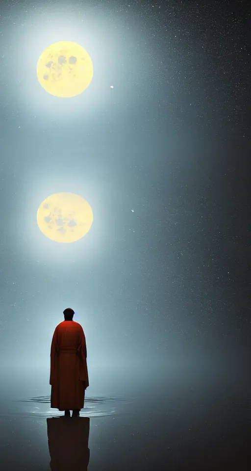 Image similar to beautiful digital painting of a robed figure standing at the side of a dark lake, looking at the reflection of the moon in the water realistic, colorful, highly detailed, unreal engine