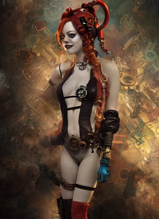 Image similar to underwater steampunk portrait of emma stone as harley quinn, octopus, hyper detailed, digital art, cinematic lighting, studio quality, smooth render, unreal engine 5, octane rendered, art style by klimt and nixeu and ian sprigger and krenz cushart.