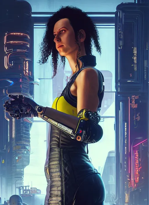 Prompt: portrait of a woman mechanic as a character in Cyberpunk 2077, looking at camera, long hair, intricate, elegant, stylish, sci-fi, extremely detailed, digital painting, artstation, concept art, smooth, sharp focus, illustration, ambient lighting, incredible art by artgerm and greg rutkowski and alphonse mucha and simon stalenhag