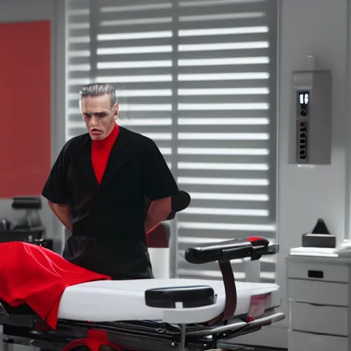 Image similar to a scene from the movie dead ringers with clean shaven jeremy irons, dark cinematic lighting, heavy black and red palette and color contrast, medical equipment, movie directed by wes craven, 3 d octane render