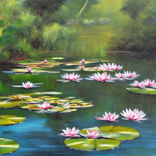 Image similar to A beautiful painting of a waterlily pond, resin pond