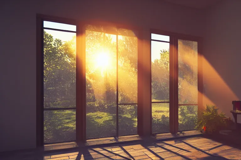 Image similar to rays of the morning sun shining through the window of the village house. very beautiful, clear sky, warm shiny colors, octane render