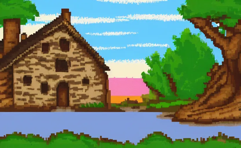 Image similar to a medieval stone house near a river at sunset, pixel art style, HD, cartoon, high quality, sun reflection on the water, beautiful