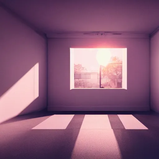 Image similar to a white empty pink office with sun rays looming down, with a pool inside, dynamic lighting, photorealistic concept art, trending on art station, stunning visuals, creative, cinematic, ultra detailed, ray tracing