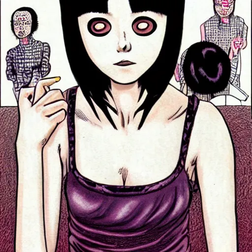 Image similar to a white girl withblack hair by junji ito, colored, realistic