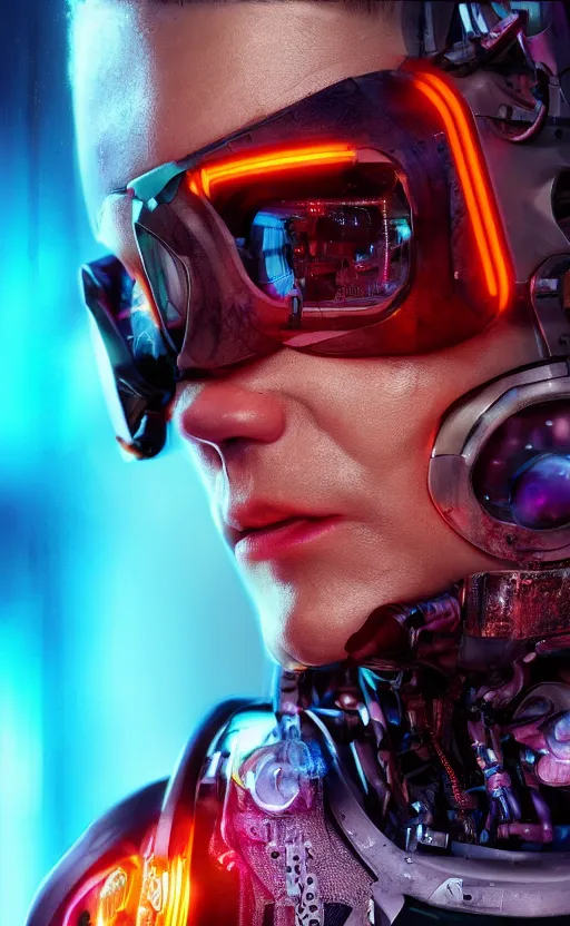 Image similar to a beautiful!! photo of a middle - aged!! bionic!! male!!, cyberpunk, augmented vision, volumetric light, photography, dystopian, extremely detailed, photorealistic!, stunning, digital art trending on artstation, orange, cyan, washed out colors