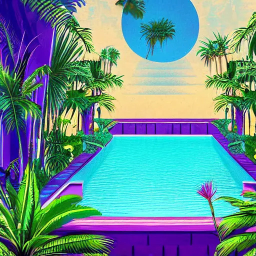 Prompt: a pool in a ancient egyptian interior full of plant and palms,retrowave art,digital art