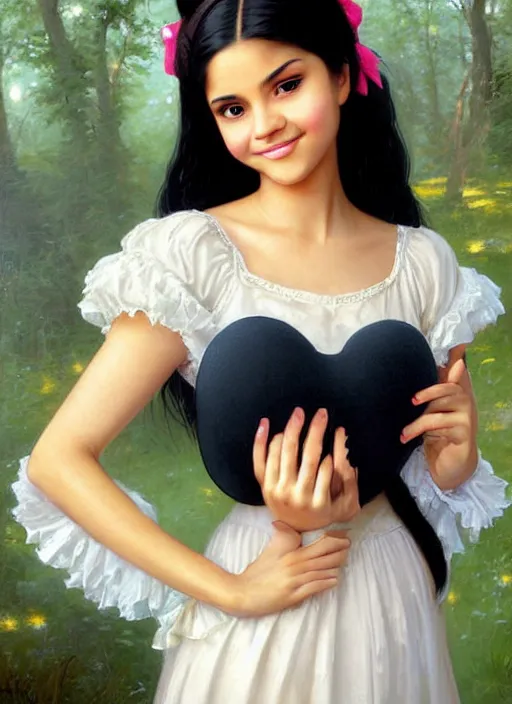 Prompt: beautiful thirty year old woman with long black hair, tan skin, curvy hourglass figure, round cute face, slight resemblance to selena gomez and vanessa hudgens wearing a frilly disney princess dress and a mickey mouse ears headband. she has a friendly smile. beautiful painting by artgerm and greg rutkowski lois van baarle and bouguereau