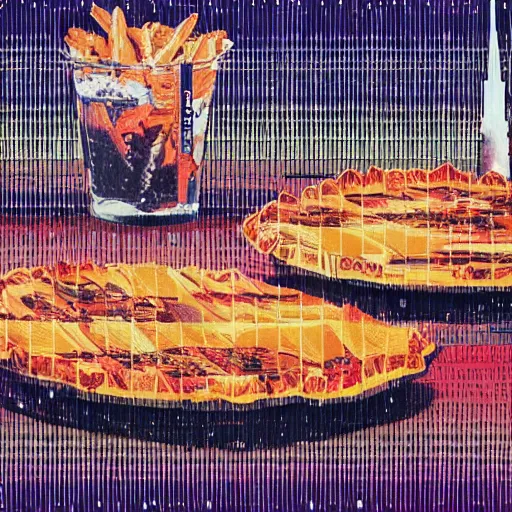 Prompt: slice of apple pie in the foreground, vertical pinstripes, ryoji ikeda, covered in splashes of paint, vincent di fate, sandra chevrier, a thick slice of apple pie, chesley bonestell, vincent di fate