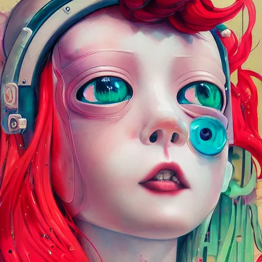 Prompt: a mannequin with a red hair and a smiley face, cyberpunk art by hikari shimoda, featured on cgsociety, pop surrealism, anime aesthetic, high detailed, detailed painting