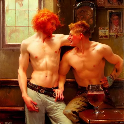 Image similar to attractive mike, wearing pants, with ginger hair with attractive tyler with brunet hair, drinking their hearts out, in a pub, no shirt. very defined and highly detailed painting by gaston bussiere, j. c. leyendecker, craig mullins 8 k