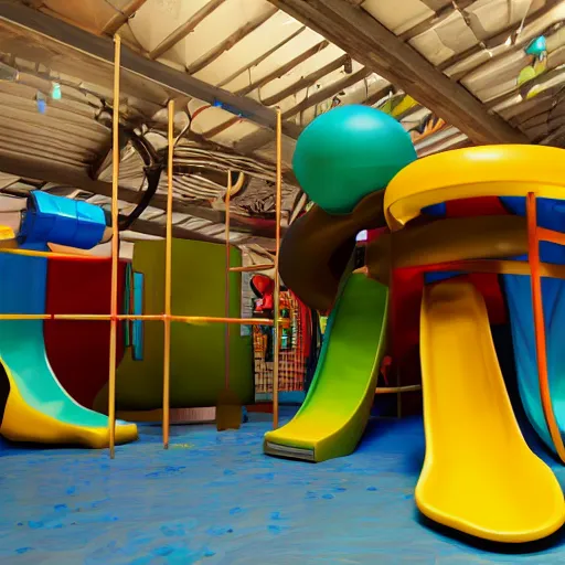 Prompt: an indoor play area with a slide and climbing wall, concept art by bourgeois, dribble, abstract expressionism, polycount, high definition, parallax