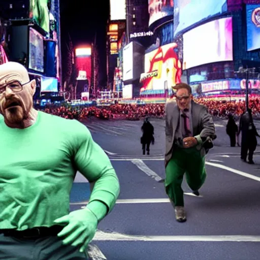 Image similar to walter white as incredible hulk throwing a car in time square