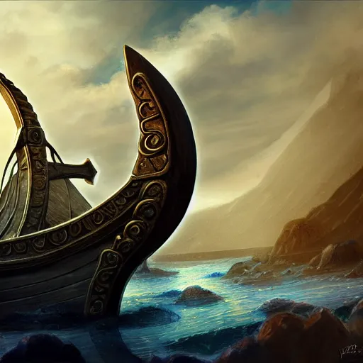 Image similar to viking ship, centered in picture, daytime, epic fantasy, detailed, intricate, digital painting, concept art, realistic, smooth, focus, rim light