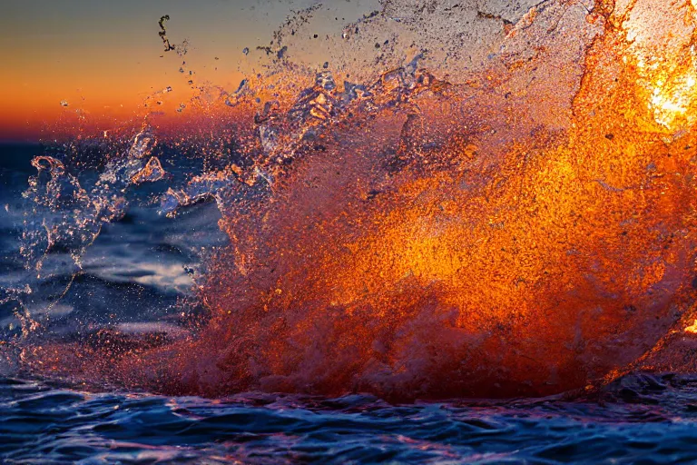 Image similar to high-speed extreme close-up photography splashing wave breaking on the ocean's sandy shore at sunset