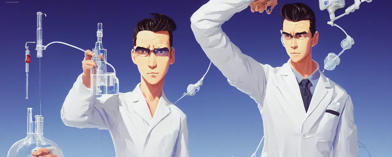 Image similar to stoic heroic emotionless butch young man scientist with short slicked - back hair, making an experiment - wearing white suit, wearing jetpack, digital art, solid white background, behance hd by jesper ejsing, by rhads, makoto shinkai and lois van baarle, ilya kuvshinov, rossdraws global illumination.