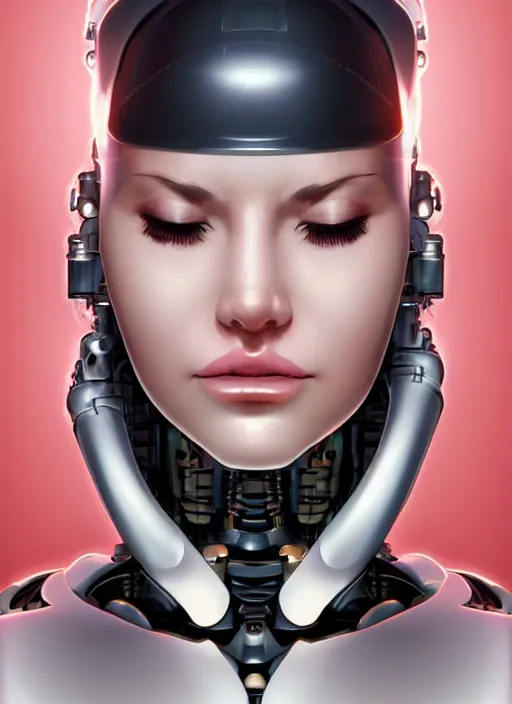 Image similar to portrait of a cyborg woman who turns her head to the ((((((right))))) (left+350) (((((up))))) (((((down))))) by Artgerm,eyes closed , biomechanical, hyper detailled, trending on artstation