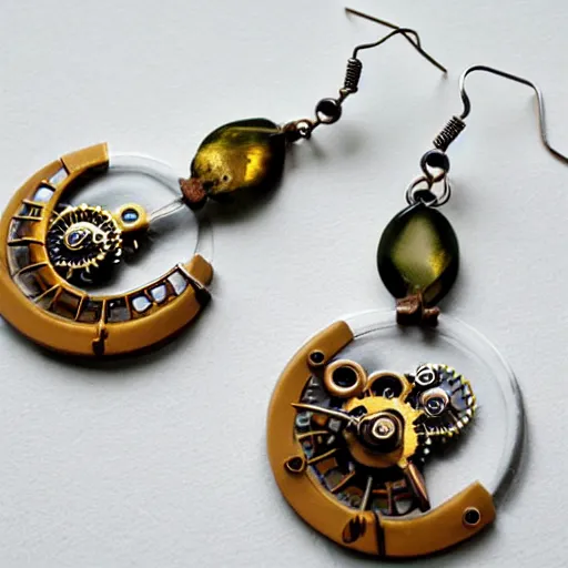 Prompt: Steampunk earring design, polymer clay earrings, product photography, studio photo