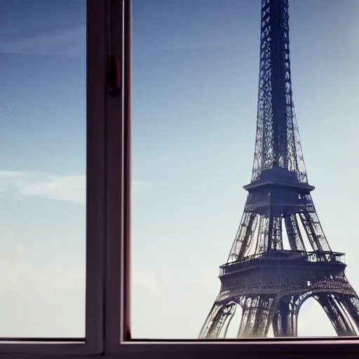 Prompt: perfume bottle on window sill in warm cosy feminine room room with a view of paris eiffel tower, up close shot, sharp focus, zen, clean, modern minimalist, octane highly render, 4 k, ultra hd,