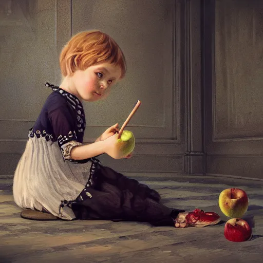 Image similar to Victorian child holding a stick poking an Apple iPod lying on the floor time warp, digital art, concept art, intricate detail, ray tracing, smooth, sharp detail, photorealistic