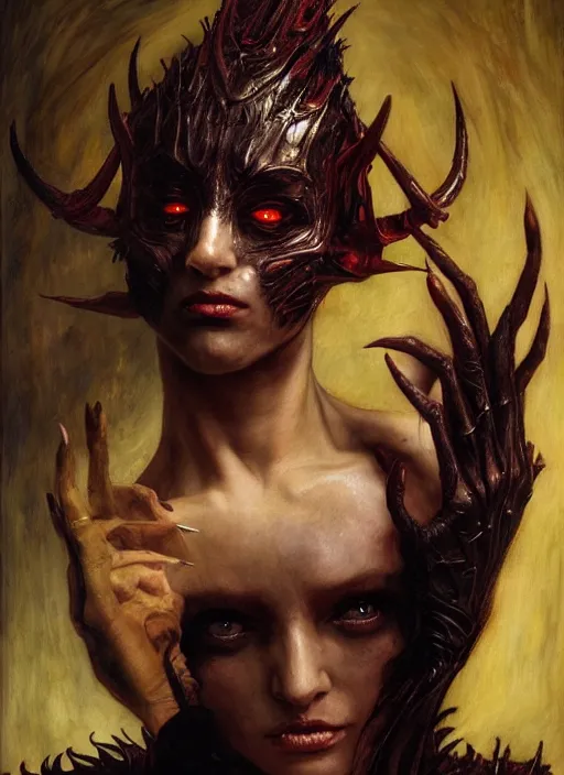 Image similar to half demon half human intricate skin latex, elegant, peaceful, full body, horns, hyper realistic, extremely detailed, dnd character art portrait, fantasy art, intricate fantasy painting, dramatic lighting, vivid colors, deviant art, artstation, by edgar maxence and caravaggio and michael whelan and delacroix.