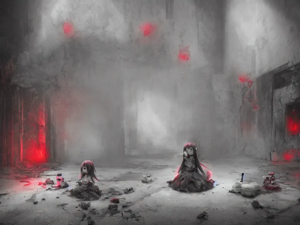 Image similar to cute fumo plush girl ghosts playing in a mysterious concrete wartorn brutalist ruin, ominous bright red lights, chibi gothic maiden in tattered rags, dramatic three point lighting, glowing wisps of hazy smoke and volumetric fog swirling about, vray