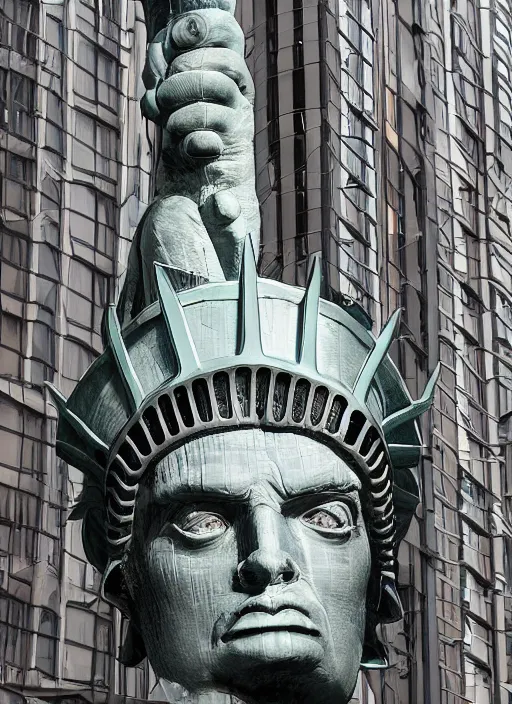 Image similar to giant monster with the face of the statue of liberty walking between buildings