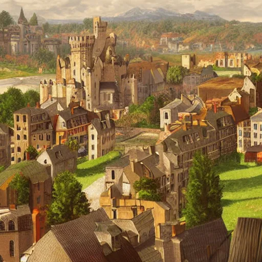 Image similar to elegant fantasy capital city, in the foreground sprawling houses and shops lining the crowded streets. in the background is a large stone castle with several tall spires. view from the ground looking from a street towards the castle. realistic, highly detailed painting concept art style