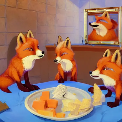 Prompt: foxes judging a cheese competition, furry, cute, disney style, artstation, detailed, award winning, dramatic lighting, cheese, fox, cheese competition, cheese contest, soft lighting, tv show, vaporwave, fox, cheese