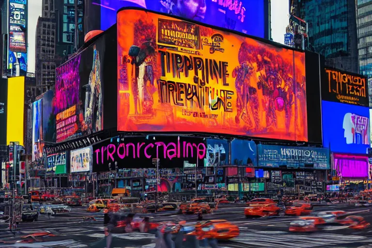 Image similar to a billboard on times square, screen show concert poster, band name is tripmachine, realistic digital art, on the screen is a 3 d render of a huge futuristic steampunk generator, 8 k, fluorescent colors, halluzinogenic, multicolored, exaggerated detailed, unreal engine, 8 0 mm