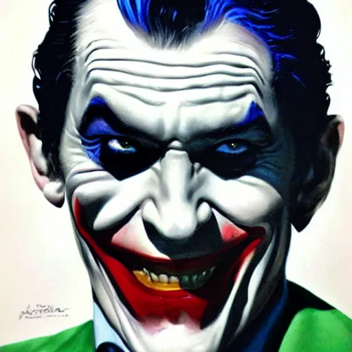 Image similar to peter o'toole as the joker, portrait, realistic, concept art, painting by alex ross