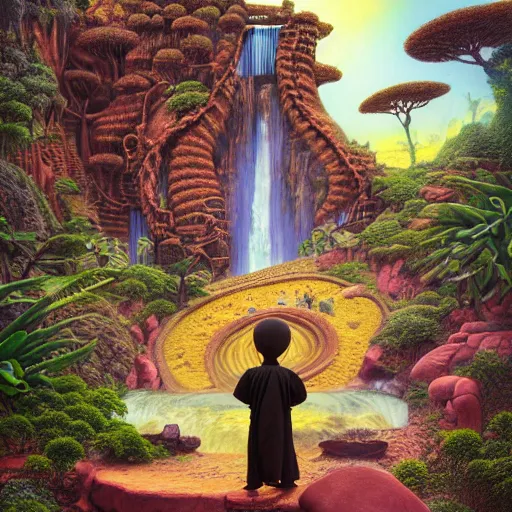 Image similar to wide angle dynamic portrait of a chibbi dogon priest in an african zen garden with a waterfall! and a golden ornate steampunk portal, amigurumi by mark ryden and todd schorr and mark davis and zdislaw beksinski in a surreal lowbrow style, digital paint, matte paint, vivid synthwave colors, breathtaking landscape