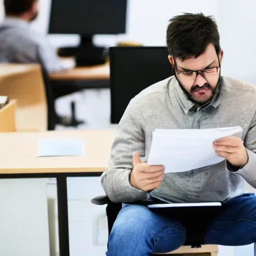 Image similar to tired bear on zoom call in office, piles of paperwork